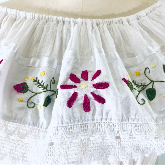 Mexican Off Shoulder Dress Floral Embroidered Lace Gauzy Cotton Size L - Picture 12 of 15